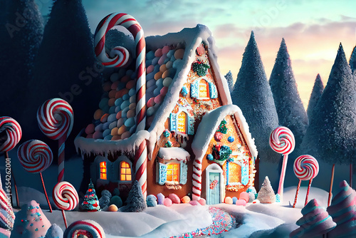 Beautiful fairy tale gingerbread house in the forest with candy canes and sweets  evening winter scene  AI generated image