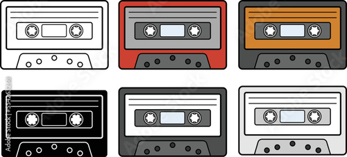 Retro Cassette Audio Tape Clipart Set - Outline, Silhouette & Color