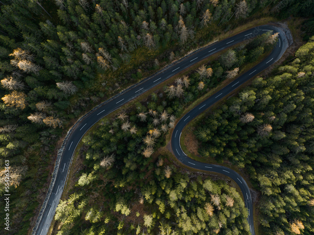 Aerial View of a road in Umhausen im Ötztal in Tyrol in the Austrian Alps