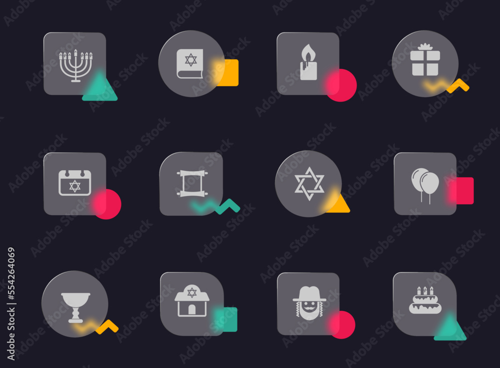 hanukkah glass morphism trendy style icons. hanukkah transparent glass vector icons with color memphis figures. for web and ui design, mobile apps and promo business advertising hanukkah glass morphism trendy style icons. hanukkah transparent glass vector icons with color memphis figures. for web and ui design, mobile apps and promo business advertising