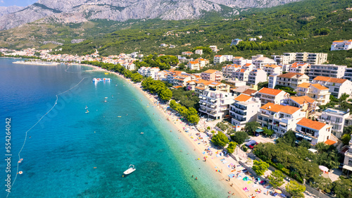 Aerial view of Primosten old town, amazing sunny landscape, Dalmatia, Croatia. Famous tourist resort on Adriatic sea coast. © Sebastian
