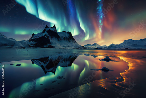 Beautiful northern lights landscape. Aurora borealis above mountains reflected in the sea. AI 