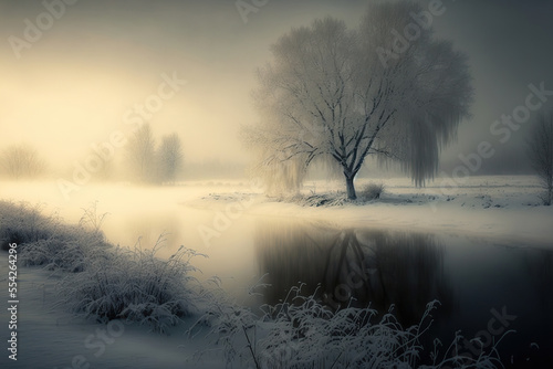 Winter foggy landscape with lonely tree and river. Moody and atmospheric. AI © Oleksandr Blishch