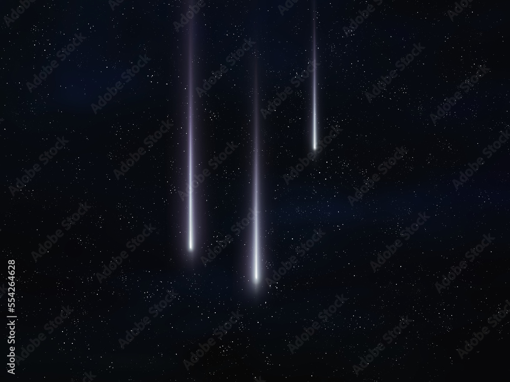 Bright meteors glow in the atmosphere. Shooting stars. Meteor trails in