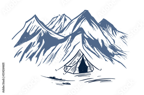 Camping in nature  mountains  hand drawn illustrations  