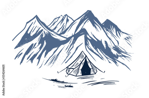 Camping in nature, mountains, hand drawn illustrations	
