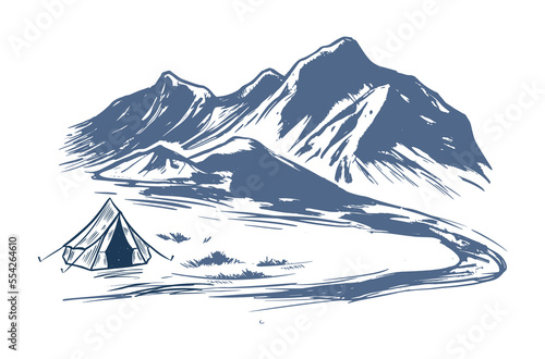 Camping in nature, mountains, hand drawn illustrations	
