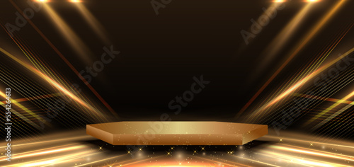 Abstract elegant gold diagonal glowing with 3d hexagon pedestal podium  lighting effect sparkle on black background.