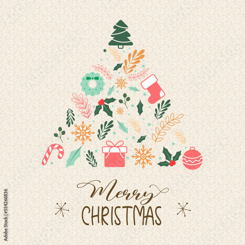 Christmas greeting card with Calligraphic Season Wishes and Composition of Festive Elements. Christmas greeting card posts, social media templates.