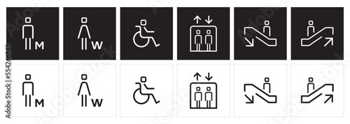 A set of public icons and symbols. Restroom, elevator, and escalator pictogram vector. Signage icons.  photo