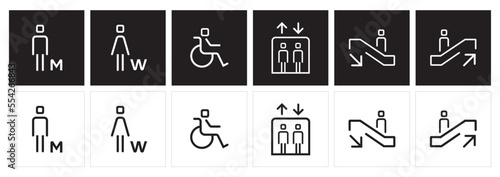 A set of public icons and symbols. Restroom, elevator, and escalator pictogram vector. Signage icons. 