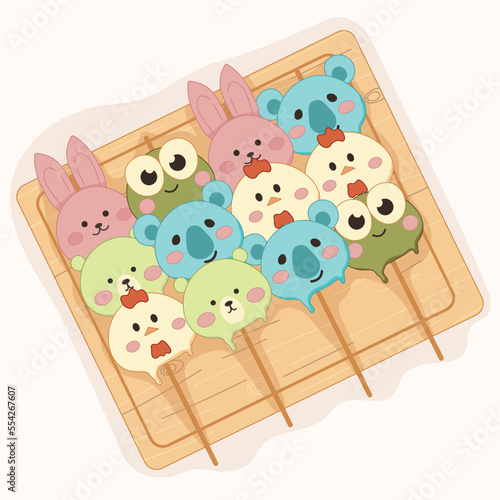 Animal dango sweets on wooden board. Asian food vector illustration with animal shaped sweets. Frog, bear, chicken, koala, bunny.