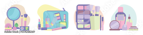 Set of decorative cosmetics and accessories of makeup artist on white background