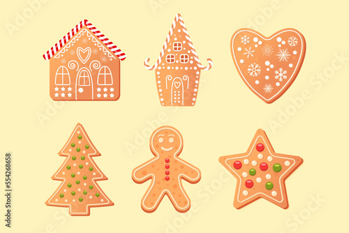Set of Coockies with christmas tree, house, heart, star and gingerbread man.