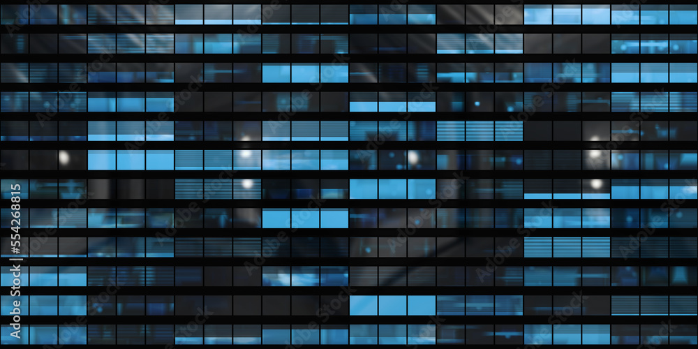Seamless skyscraper facade with blue tinted windows and blinds at night. Modern abstract office building background texture with glowing lights against dark black exterior walls. 3D rendering.. - obrazy, fototapety, plakaty 