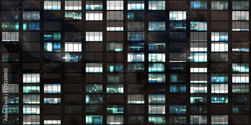 Seamless skyscraper facade with windows and blinds at night. Modern abstract office building background texture with glowing lights against dark black exterior walls. High resolution 3D rendering..