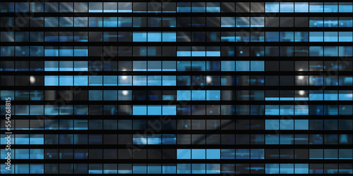 Tela Seamless skyscraper facade with blue tinted windows and blinds at night