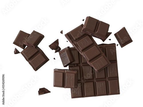 Broken Chocolate bar isolated on white, top view. Chocolate cubes on heap, pieces of bitter, dark chocolate bar, isolated on white background, top view. 3d rendering, cutout. Png, transparent.