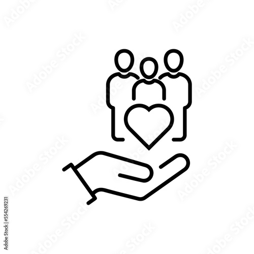 hand with heart community, icon, concept empathy or charity, solidarity love, care people, volunteer support, thin line symbol on white background - editable stroke vector illustration eps10