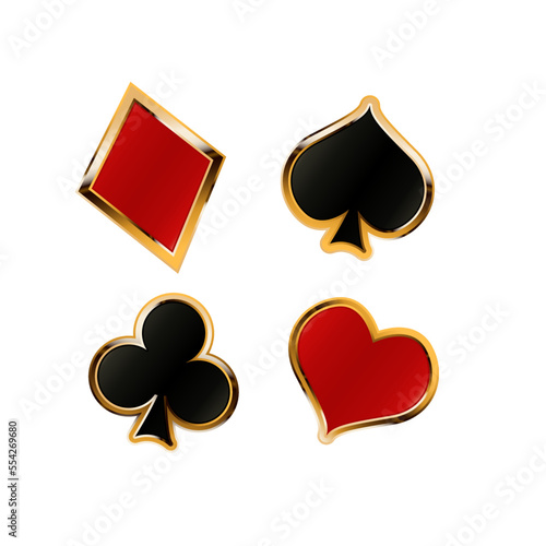Poker card suits, gold frame - hearts, clubs, spades and diamonds. Isolated.