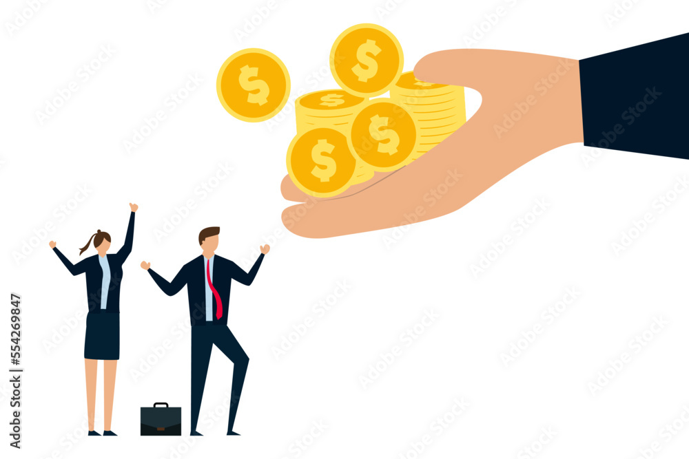 Employee bonus money, giant boss hand giving stack of coins money to happy office workers. Employee bonus money, giant boss hand giving stack of coins money to happy office workers.
