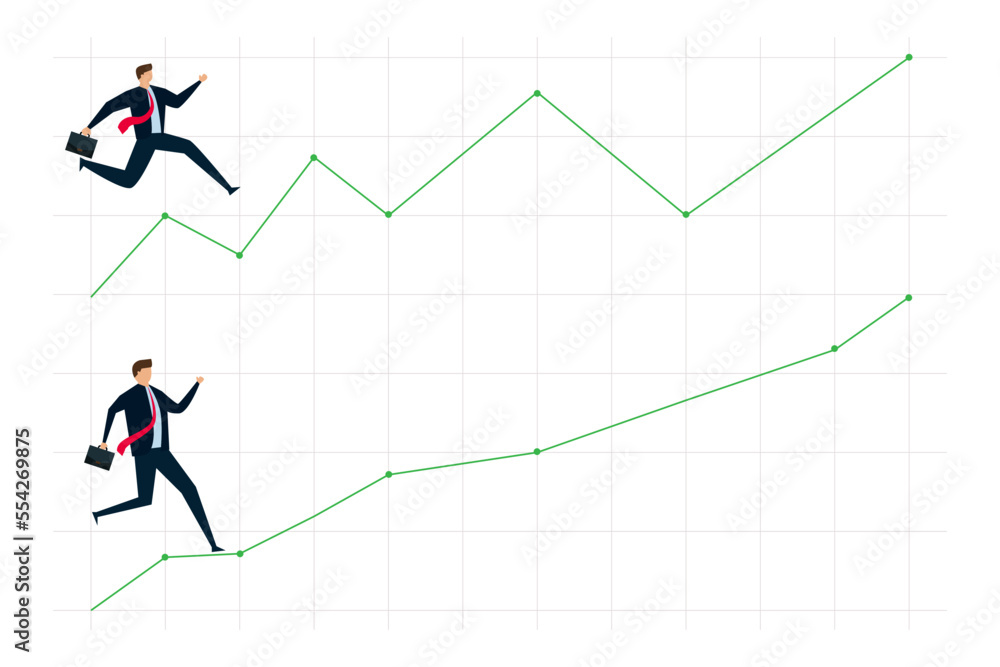 work successful ladder, businessman walking up stairs graph, one with smooth rising up and other on volatile path. work successful ladder, businessman walking up stairs graph, one with smooth rising up and other on volatile path.