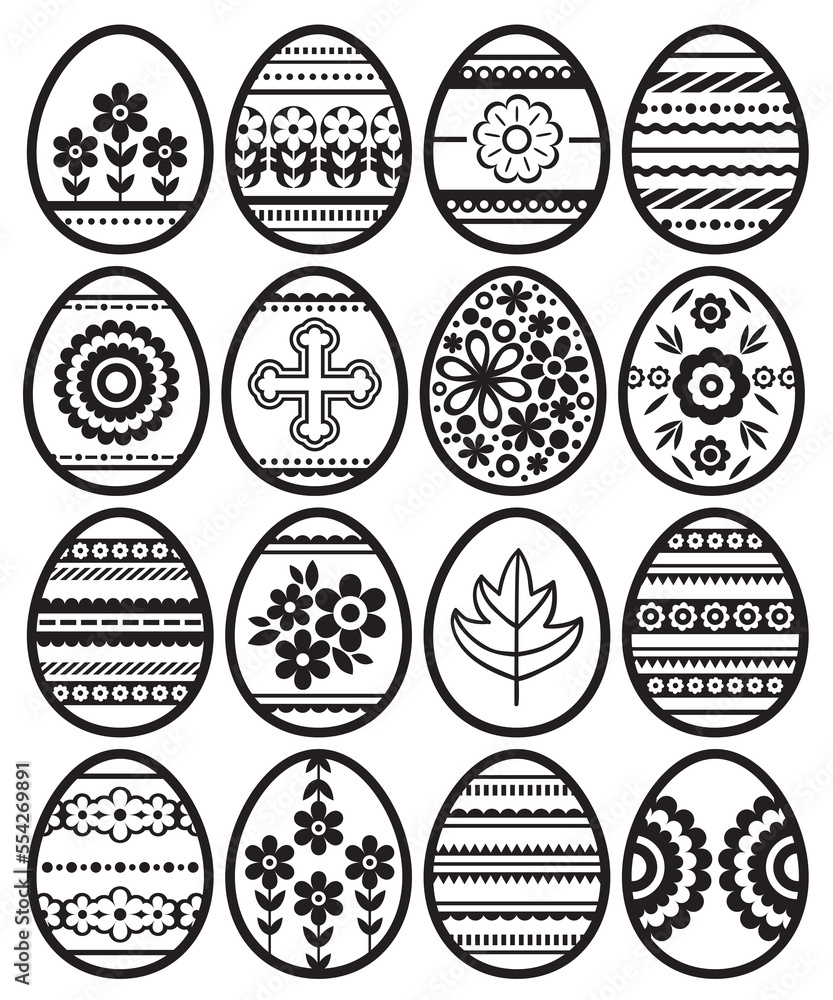 Fototapeta premium Silhouettes of black easter eggs isolated on transparent background. Holiday Easter Eggs decorated with flowers and leafs. Print design, label, sticker, scrap booking, stamp