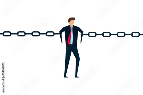 Business risk, tried fatigue businessman trying to hold broken chain together with his low energy.