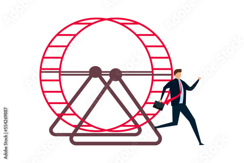 Exit rat race, confident smart businessman running from opening exit door from trapped rat race wheel. © dwara