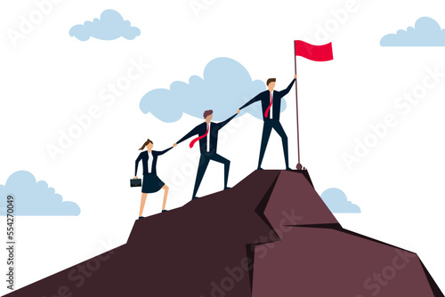 Teamwork, businessman holding hand helping team colleagues climbing to reach business goal.