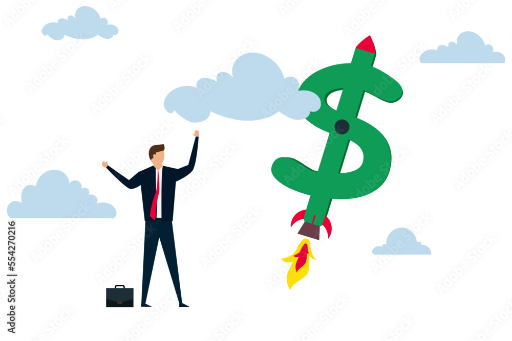 Boost your income, happy businessman company owner or investor with dollar money sign launch rocket booster high in sky Boost your income, happy businessman company owner or investor with dollar money sign launch rocket booster high in sky