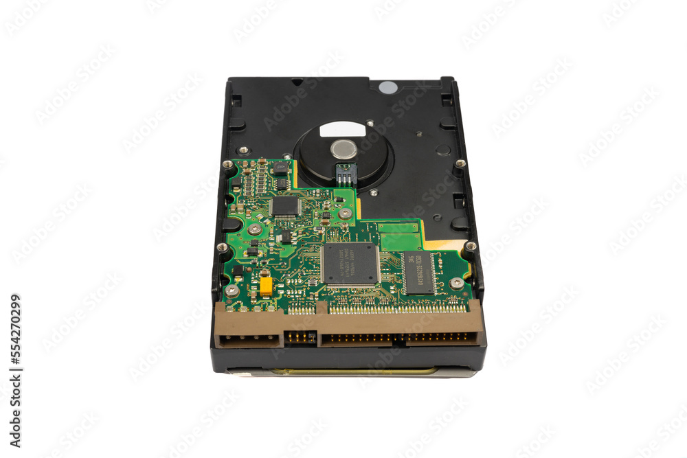 Computer hard drive. HDD. Chips on the board. Part of computer pc, laptop. Isolated background. Selective focus.