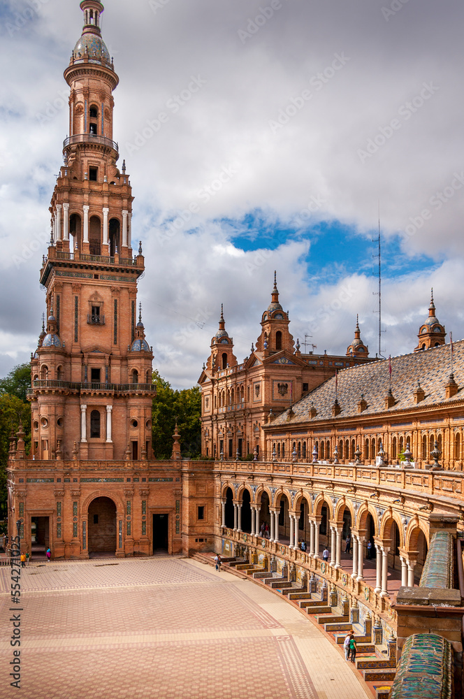 Plaza de Espana, Spain Square with the Northern Tower view, the canal and rowing boats in Seville City Center, Spain.