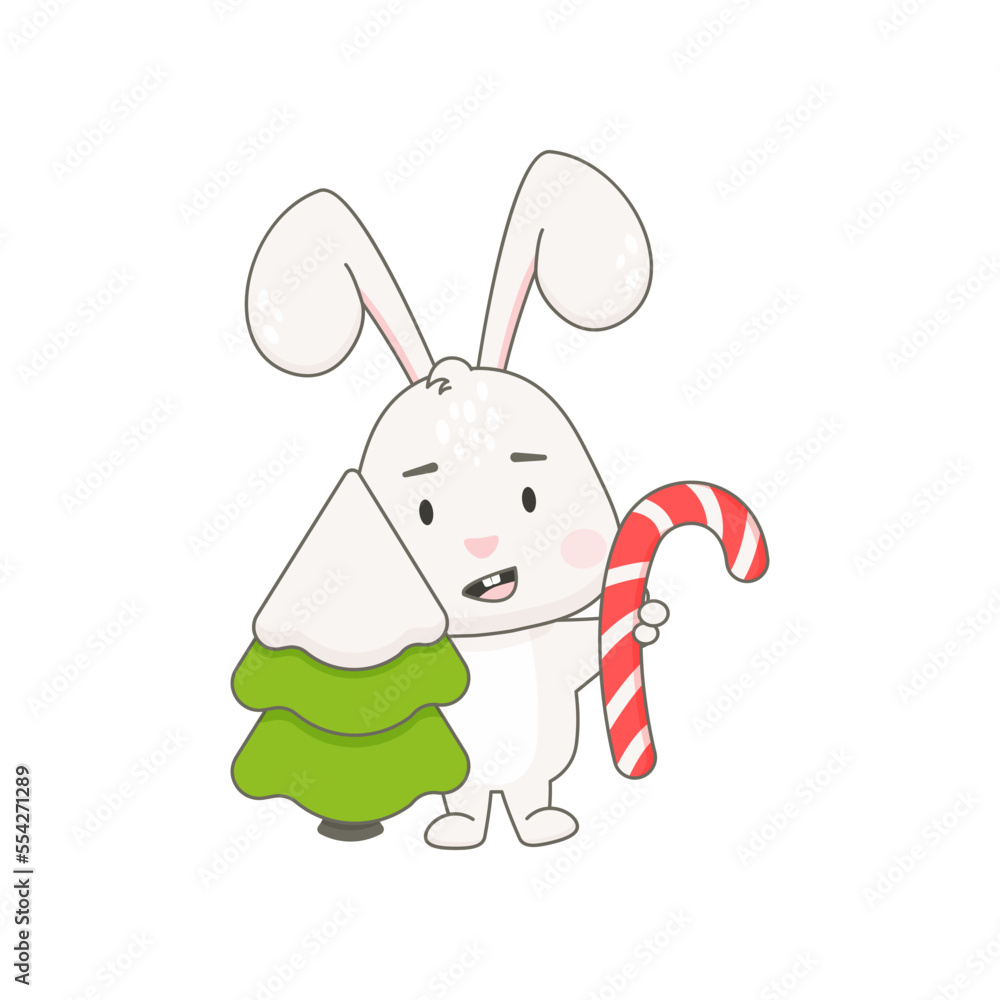 Cute rabbit character with Christmas tree isolated on white. Cute rabbit character with Christmas tree isolated on white.