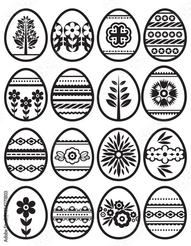 Silhouettes of black easter eggs isolated on transparent background. Holiday Easter Eggs decorated with flowers and leafs. Print design, label, sticker, scrap booking, stamp. PNG
