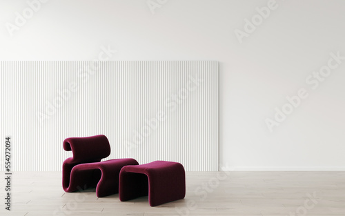 Empty living room with white paneling on the wall and a stylish viva mangenta color armchair on the concrete floor.  Decorative wall with embossed panels. Dark wall. Frame mockup. 3d rendering photo