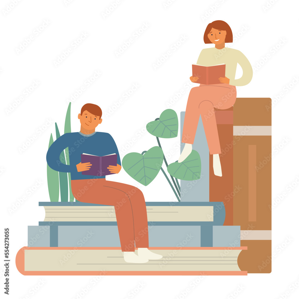 Young couple is studying preparing to exams. Seat on the couch with heaps of books. Flat vector illustration Young couple is studying preparing to exams. Seat on the couch with heaps of books. Flat vector illustration