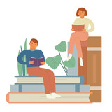 Young couple is studying preparing to exams. Seat on the couch with heaps of books. Flat vector illustration