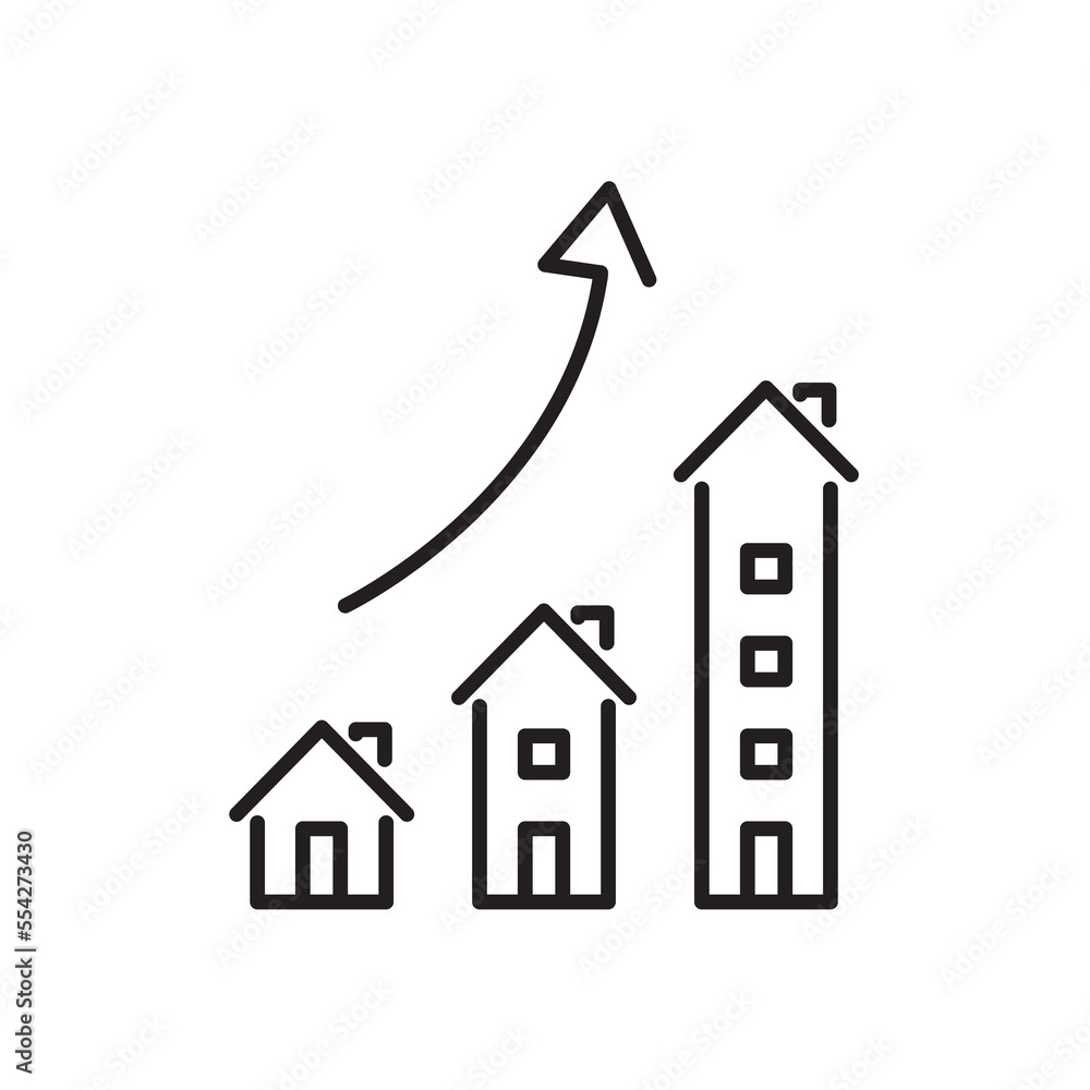 estate market icon, growth house price, building rise presentation, real increase infographic, thin line symbol - editable stroke vector