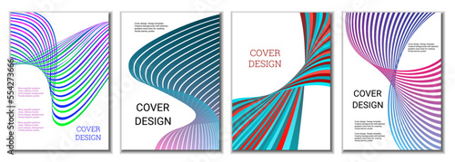 A set of 4 abstract covers. Wavy parallel gradient lines, ribbons evolve. Cover design, background. Trendy banner, poster. © HALINA YERMAKOVA