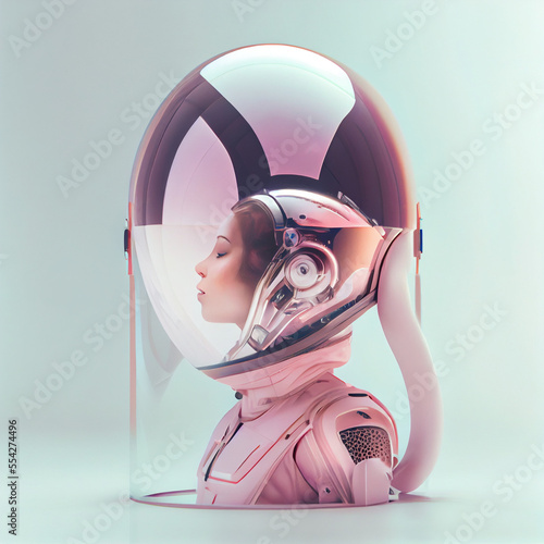 Generative ai female woman spaceman in spacesuit posing isolated pink pastel background.