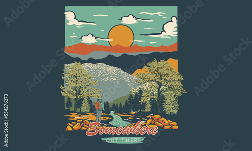 Nature is calling. Extreme adventure artwork for poster, sticker, background and others. Nature is better. All good things are wild and free. Mountain design, pain tree. Summer camp.