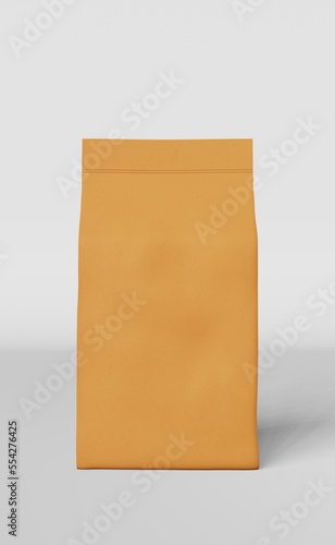 Brown standing pouch bag coffee beans branding 3D rendering. Merchandise packaging logo design promo. Blank paper tea food snack sachet pack product template. Shop delivery sale discount demonstration