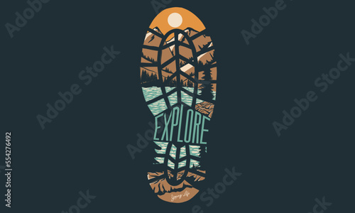 Boots design, pain tree. Summer camp. Go wild. Extreme adventure artwork for poster, sticker, background and others. 