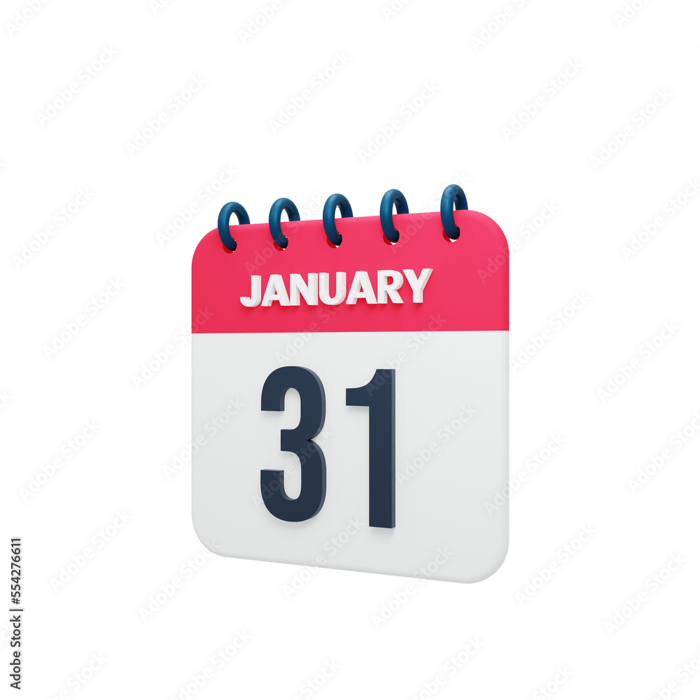 January Realistic Calendar Icon 3D Illustration Date January 31 January Realistic Calendar Icon 3D Illustration Date January 31