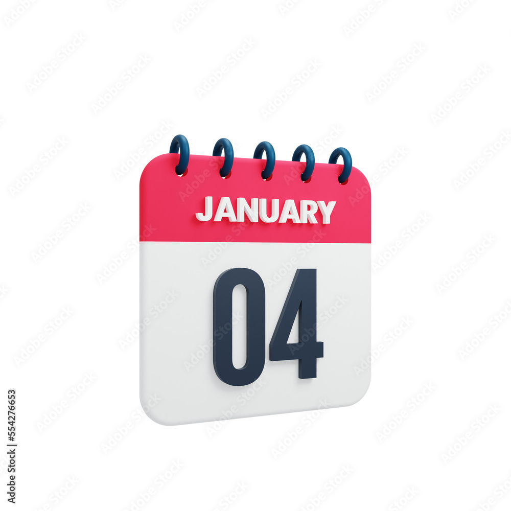 January Realistic Calendar Icon 3D Illustration Date January 04 January Realistic Calendar Icon 3D Illustration Date January 04