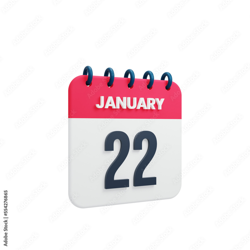 January Realistic Calendar Icon 3D Illustration Date January 22 January Realistic Calendar Icon 3D Illustration Date January 22