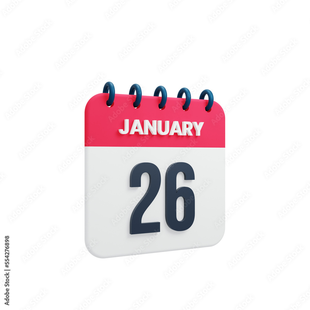January Realistic Calendar Icon 3D Illustration Date January 26 January Realistic Calendar Icon 3D Illustration Date January 26