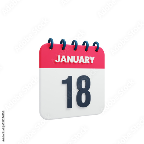 January Realistic Calendar Icon 3D Illustration Date January 18