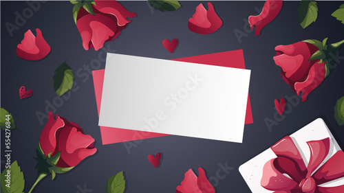 Red roses, petals. Happy Valentine's Day, Romance, Love concept. Vector illustration for poster, banner, website, advertising